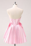 Pink A Line Strapless Corset Beaded Graduation Dress with Bows