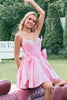 Load image into Gallery viewer, Cute Pink A Line Strapless Beaded Corset Ruffle Graduation Dress with Bows