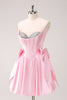 Load image into Gallery viewer, Pink A Line Strapless Corset Beaded Graduation Dress with Bows