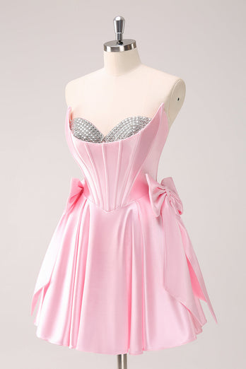 Pink A Line Strapless Corset Beaded Graduation Dress with Bows