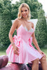 Load image into Gallery viewer, Cute Pink A Line Strapless Beaded Corset Ruffle Graduation Dress with Bows