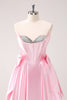 Load image into Gallery viewer, Pink A Line Strapless Corset Beaded Graduation Dress with Bows