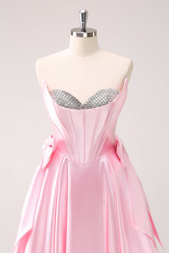 Pink A Line Strapless Corset Beaded Graduation Dress with Bows