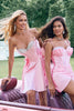 Load image into Gallery viewer, Cute Pink A Line Strapless Beaded Corset Ruffle Graduation Dress with Bows