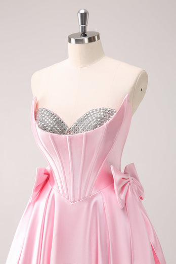 Pink A Line Strapless Corset Beaded Graduation Dress with Bows