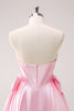 Load image into Gallery viewer, Pink A Line Strapless Corset Beaded Graduation Dress with Bows