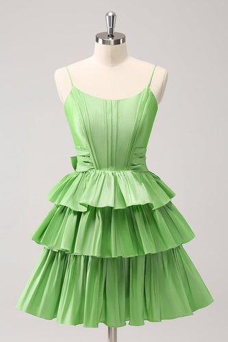 Cute A Line Corset Green Pleated Tiered Short Graduation Dress with Bows