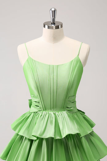 Cute A Line Corset Green Pleated Tiered Short Graduation Dress with Bows