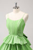 Load image into Gallery viewer, Cute A Line Corset Green Pleated Tiered Short Graduation Dress with Bows