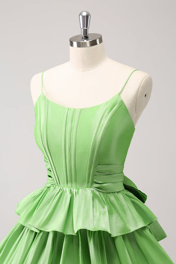 Cute A Line Corset Green Pleated Tiered Short Graduation Dress with Bows