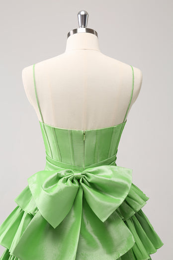 Cute A Line Corset Green Pleated Tiered Short Graduation Dress with Bows