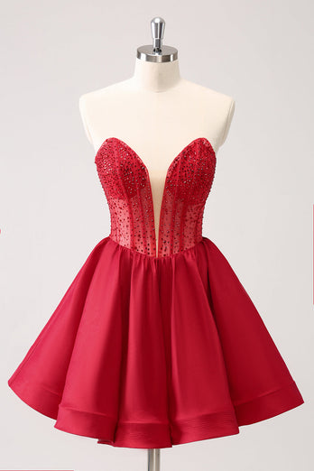 Red A Line Strapless Corset Short Ruffle Cute Graduation Dress with Beading