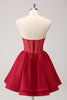 Load image into Gallery viewer, Red A Line Strapless Corset Short Ruffle Cute Graduation Dress with Beading