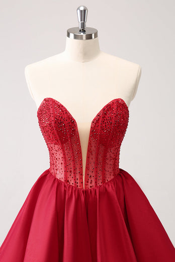 Cute Red A Line Strapless Ruffle Short Graduation Dress with Beading