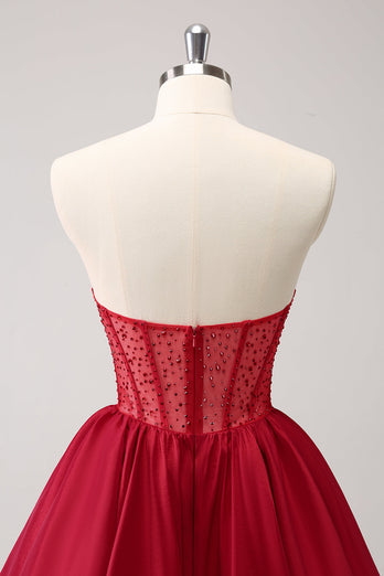 Cute Red A Line Strapless Ruffle Short Graduation Dress with Beading