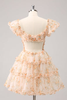 Yellow A-Line Ruffled Floral Print Graduation Dress