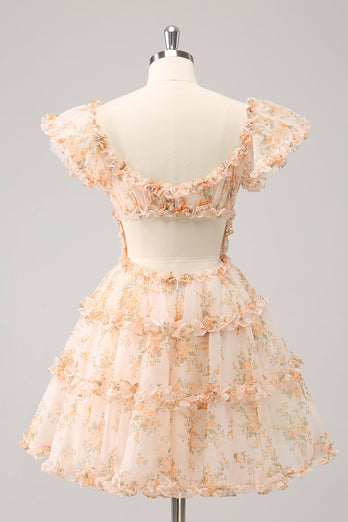 Yellow A-Line Ruffled Floral Print Graduation Dress