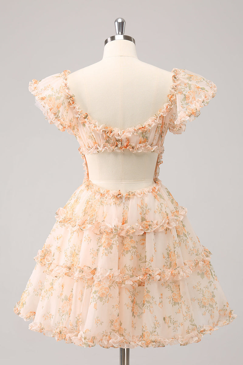 Load image into Gallery viewer, Yellow A-Line Ruffled Floral Print Graduation Dress