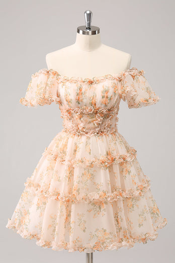 Yellow A-Line Ruffled Floral Print Graduation Dress