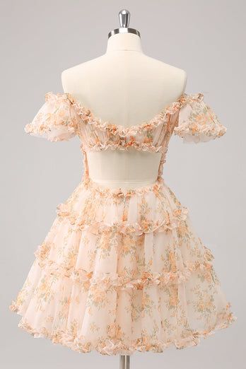 Yellow A-Line Ruffled Floral Print Graduation Dress