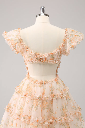 Yellow A-Line Ruffled Floral Print Graduation Dress