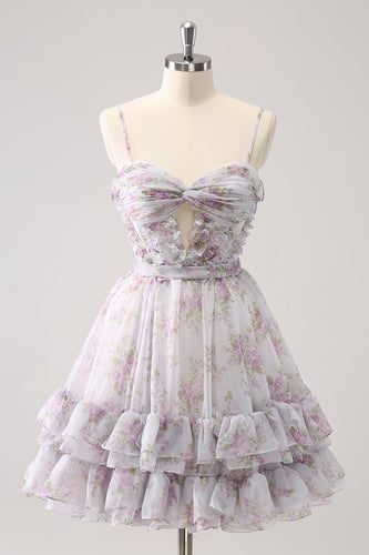 Lilac A-Line Floral Prints Ruffled Tiered Graduation Dress