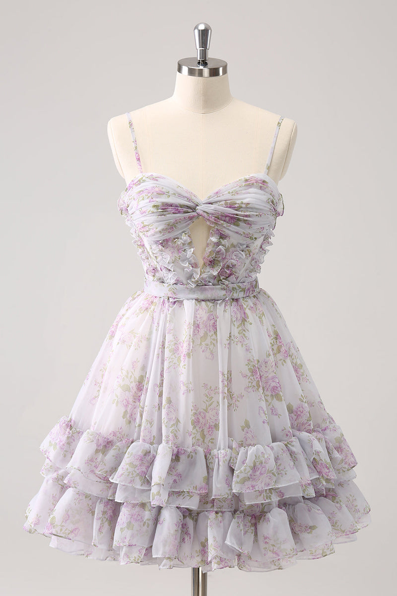 Load image into Gallery viewer, Lilac A-Line Floral Prints Ruffled Tiered Graduation Dress