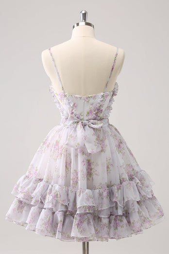 Lilac A-Line Floral Prints Ruffled Tiered Graduation Dress