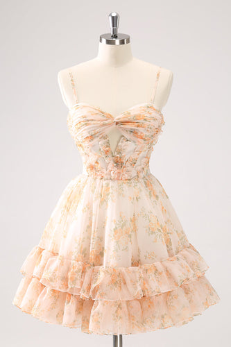 Yellow A-Line Front Twist Short Floral Graduation Dress With Ruffles