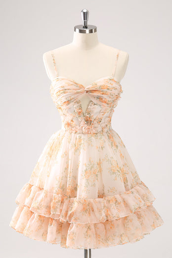 Yellow A-Line Front Twist Short Floral Graduation Dress With Ruffles