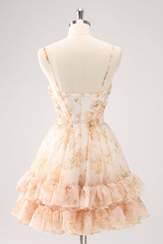 Yellow A-Line Front Twist Short Floral Graduation Dress With Ruffles