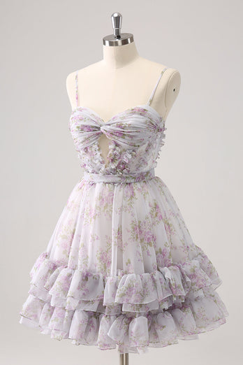 Lilac A-Line Floral Prints Ruffled Tiered Graduation Dress