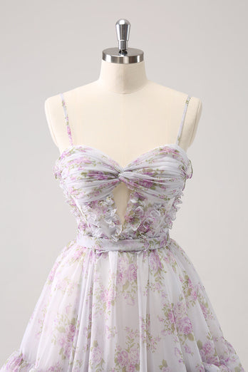 Lilac A-Line Floral Prints Ruffled Tiered Graduation Dress