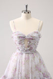Lilac A-Line Floral Prints Ruffled Tiered Graduation Dress
