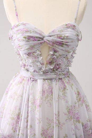 Lilac A-Line Floral Prints Ruffled Tiered Graduation Dress