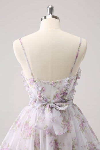 Lilac A-Line Floral Prints Ruffled Tiered Graduation Dress