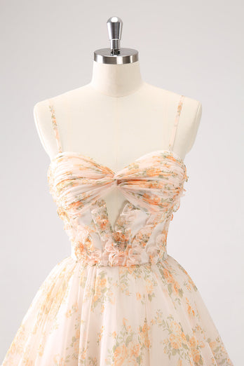 Yellow A-Line Front Twist Short Floral Graduation Dress With Ruffles