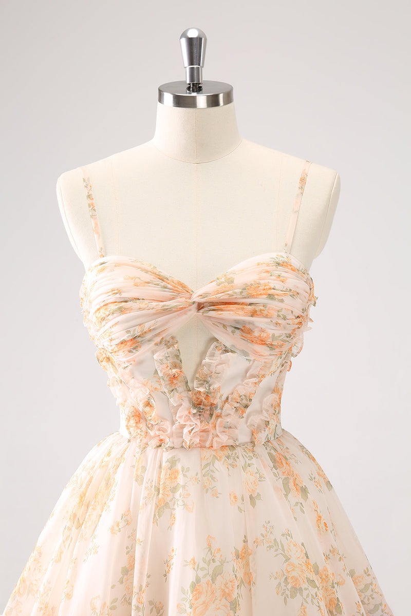 Load image into Gallery viewer, Yellow A-Line Front Twist Short Floral Graduation Dress With Ruffles