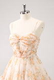 Yellow A-Line Front Twist Short Floral Graduation Dress With Ruffles