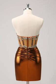 Glitter Beaded Copper Corset Pleated Strapless Short Tight Graduation Dress