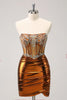 Load image into Gallery viewer, Sparkly Tight Strapless Corset Pleated Copper Graduation Dress with Beading