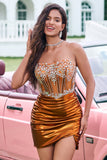 Sparkly Tight Strapless Corset Pleated Copper Graduation Dress with Beading
