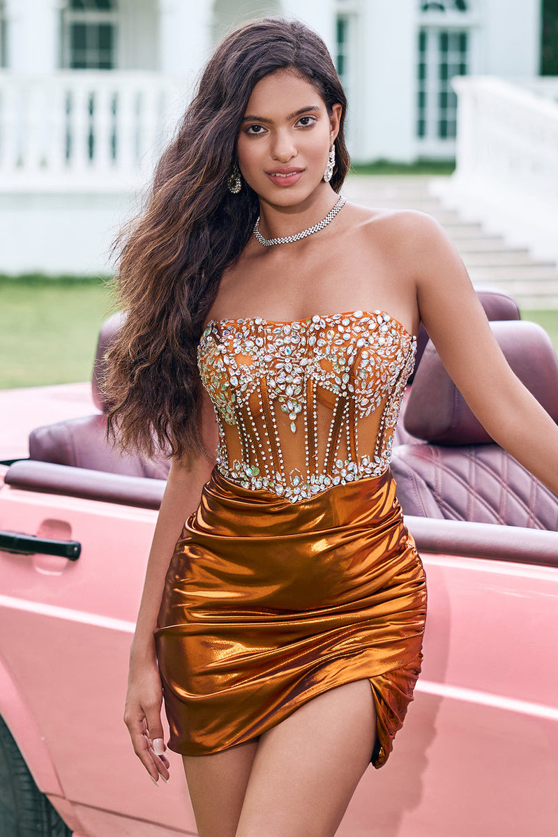 Load image into Gallery viewer, Glitter Beaded Copper Corset Pleated Strapless Short Tight Graduation Dress