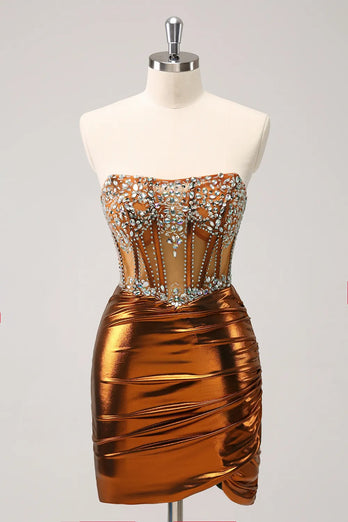 Sparkly Tight Strapless Corset Pleated Copper Graduation Dress with Beading