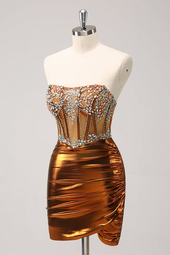 Glitter Beaded Copper Corset Pleated Strapless Short Tight Graduation Dress