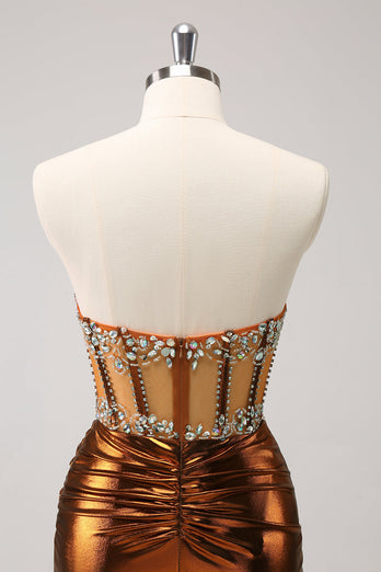 Glitter Beaded Copper Corset Pleated Strapless Short Tight Graduation Dress