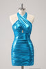 Load image into Gallery viewer, Metallic Tight Halter Backless Satin Blue Graduation Dress