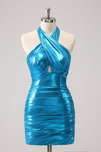 Metallic Tight Halter Backless Satin Blue Graduation Dress