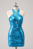 Metallic Tight Halter Backless Satin Blue Graduation Dress