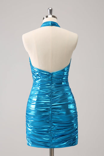 Metallic Tight Halter Backless Satin Blue Graduation Dress